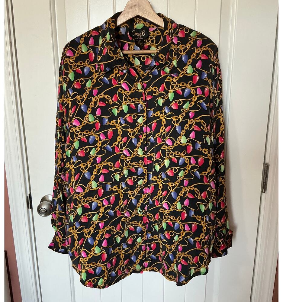 Vintage Corey B 100% Silk Christmas Light Blouse W16 Black/Multi
